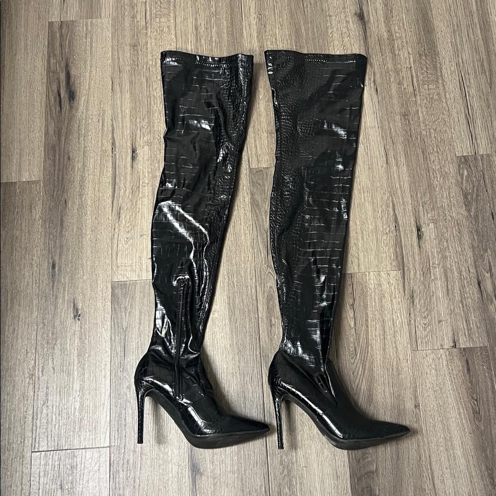 Forever 21 Black Croc Embossed Thigh High Over the Knee Boots Sz 10 - Picture 5 of 15